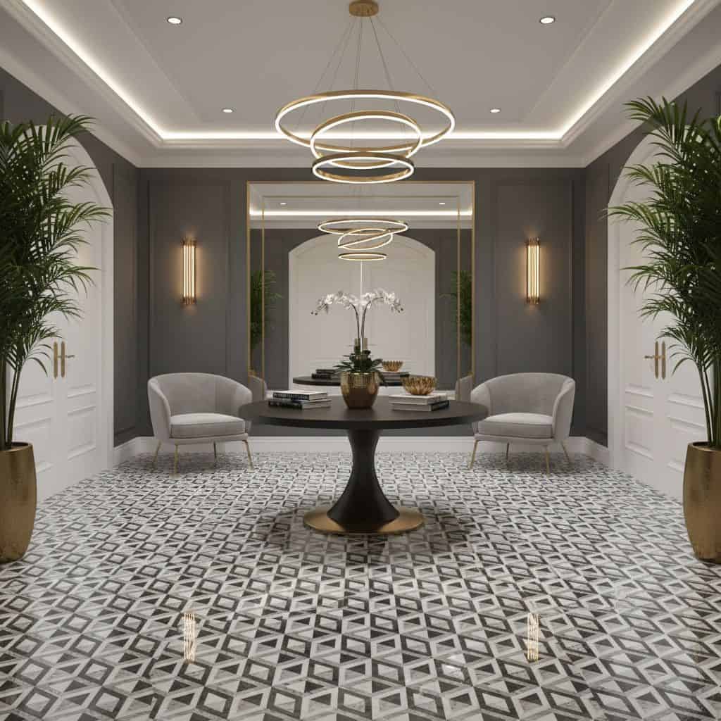 Elegant gray and white patterned tile with a matte finish, complementing the sophisticated interior design.