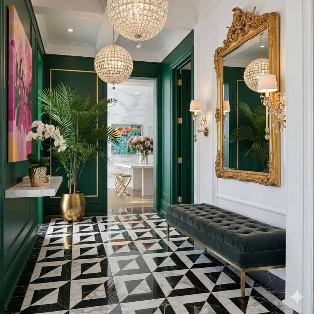 Describe tile color, texture, and design: Black and white geometric patterned tiles with a smooth finish, creating a modern a.