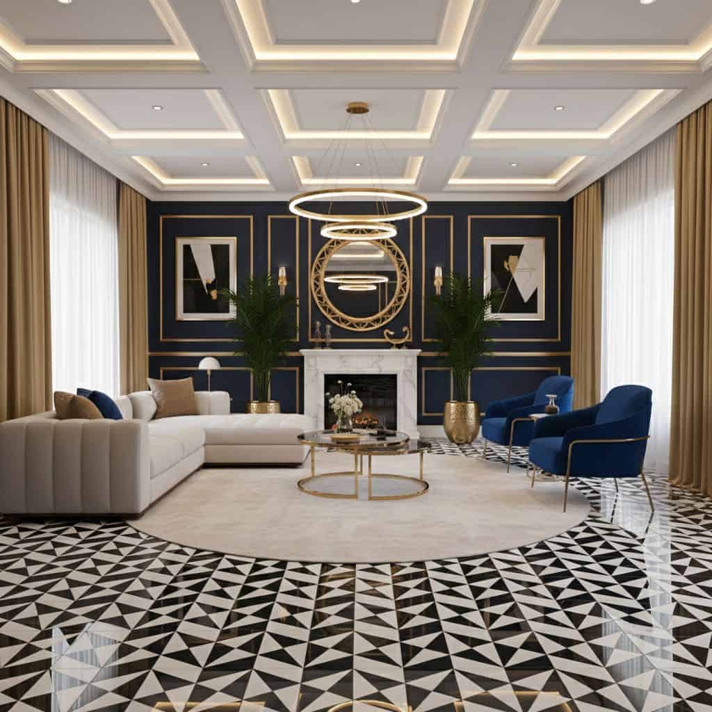 Elegant living room with navy blue velvet sofas, gold accents, and geometric black-and-white tiled flooring. Features a marbl.
