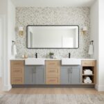 Bathroom with glass mosaic tile backsplash, double sinks, and contemporary design elements.