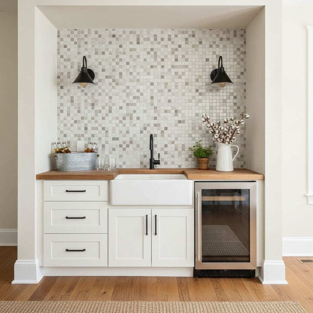 Beautiful glass mosaic tile backsplash behind a farmhouse sink with black fixtures and wooden countertop.