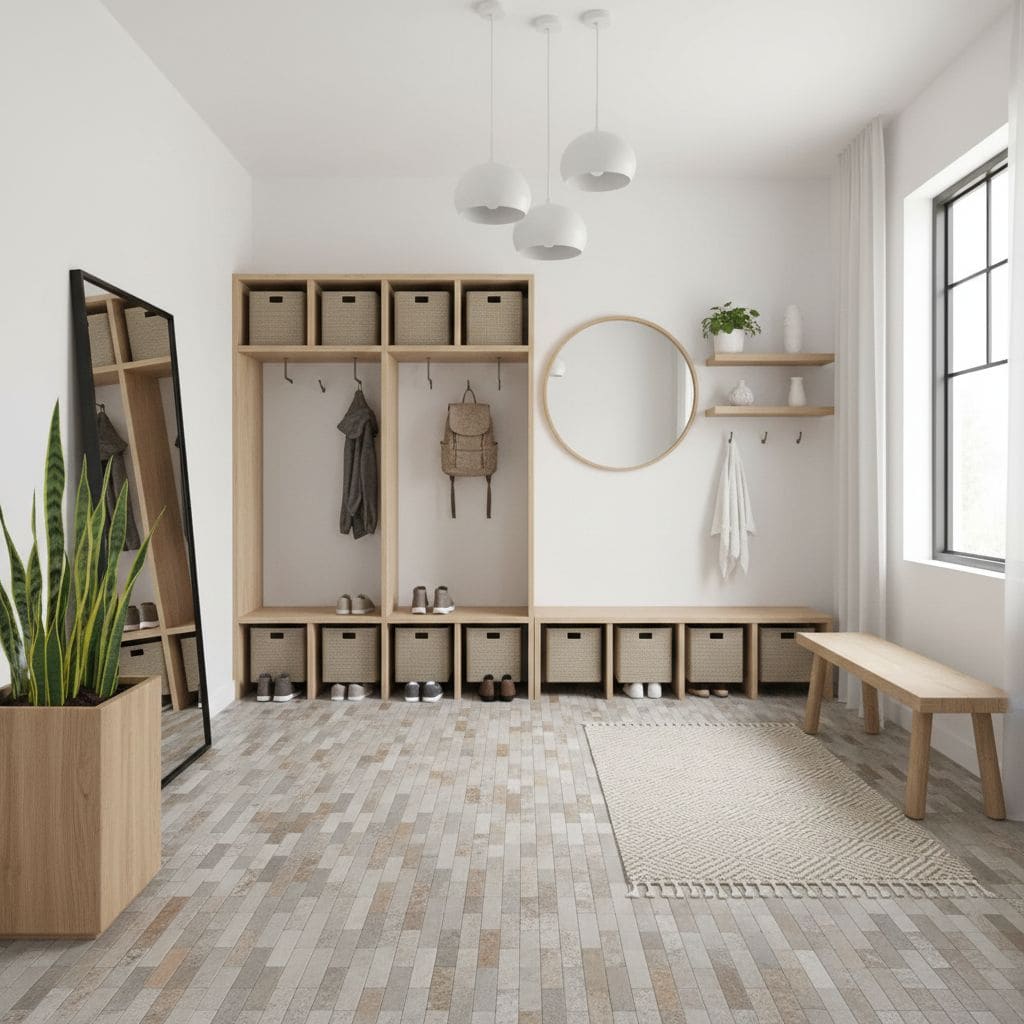 Bright, neutral beige textured floor tiles with a matte finish, complementing minimalist home decor.