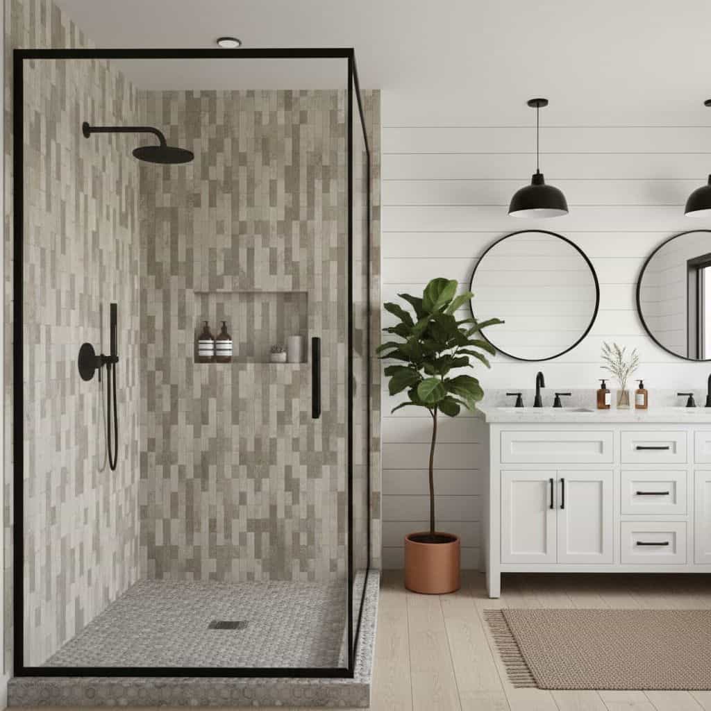 Mosaic tile with beige and cream tones, textured surface, in a modern bathroom shower.