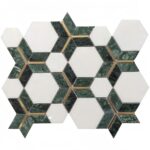Hexagon tile with green marble and gold lines, textured surface, modern geometric design.