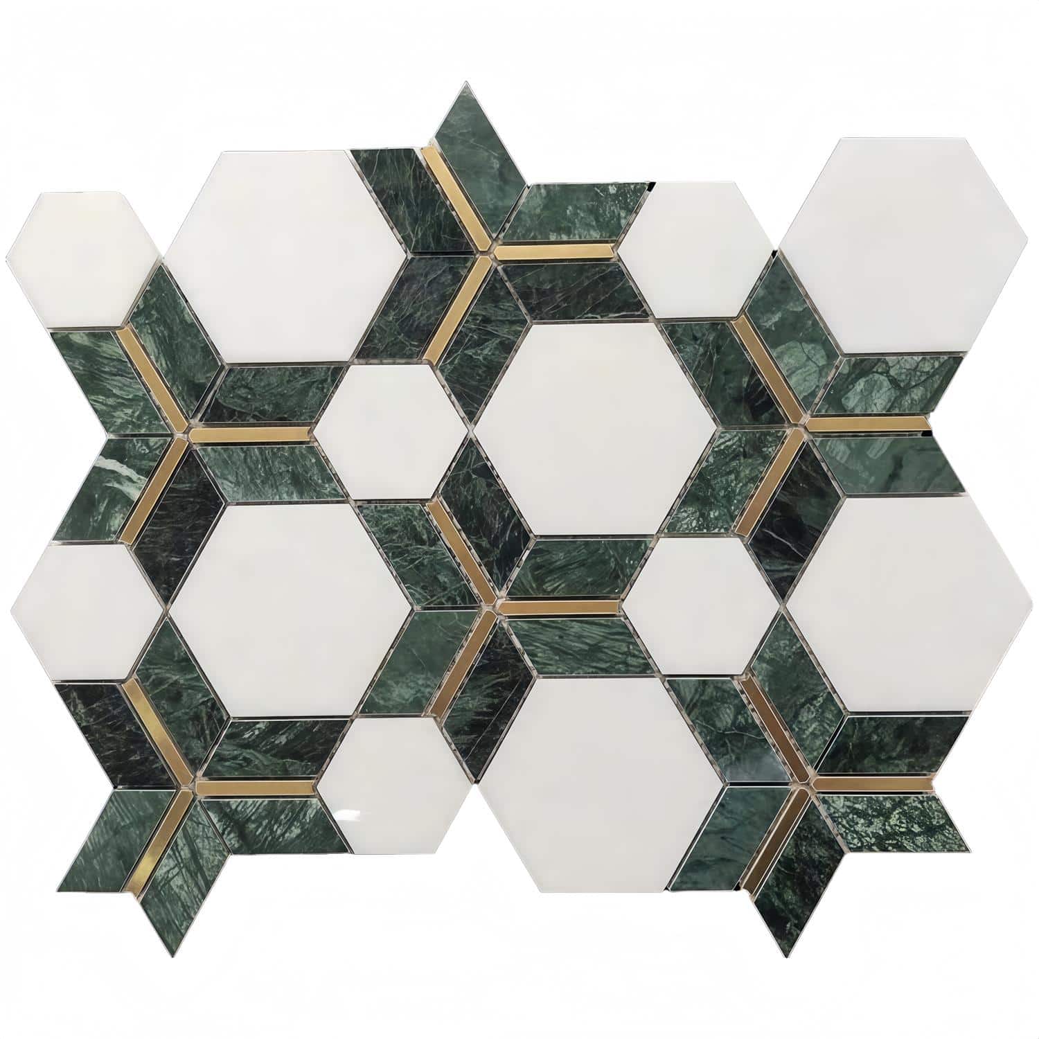 Hexagon tile with green marble and gold lines, textured surface, modern geometric design.