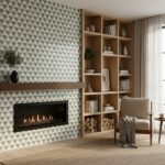 Beige textured tile with geometric pattern, used on the fireplace wall, creating a contemporary and stylish look.