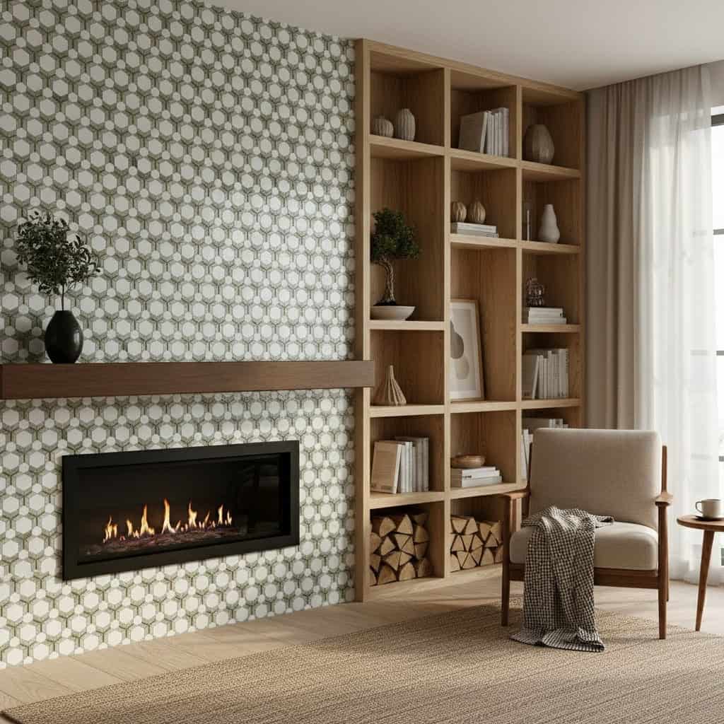 Beige textured tile with geometric pattern, used on the fireplace wall, creating a contemporary and stylish look.