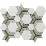 Hexagon marble and wood mosaic tile with green and white tones, textured surface, and geometric design.