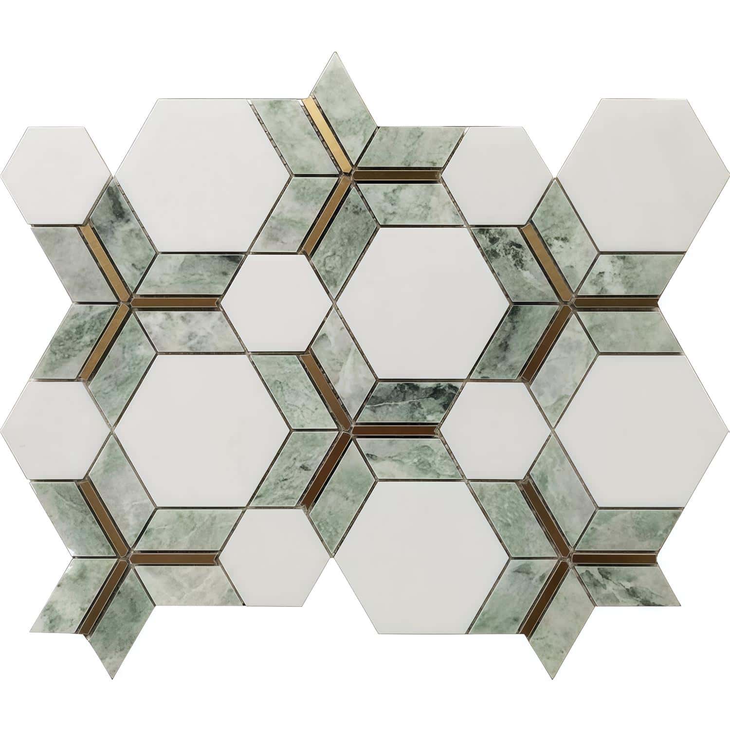 Hexagon marble and wood mosaic tile with green and white tones, textured surface, and geometric design.