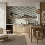 Bright geometric patterned tile in neutral tones for kitchen backsplash.