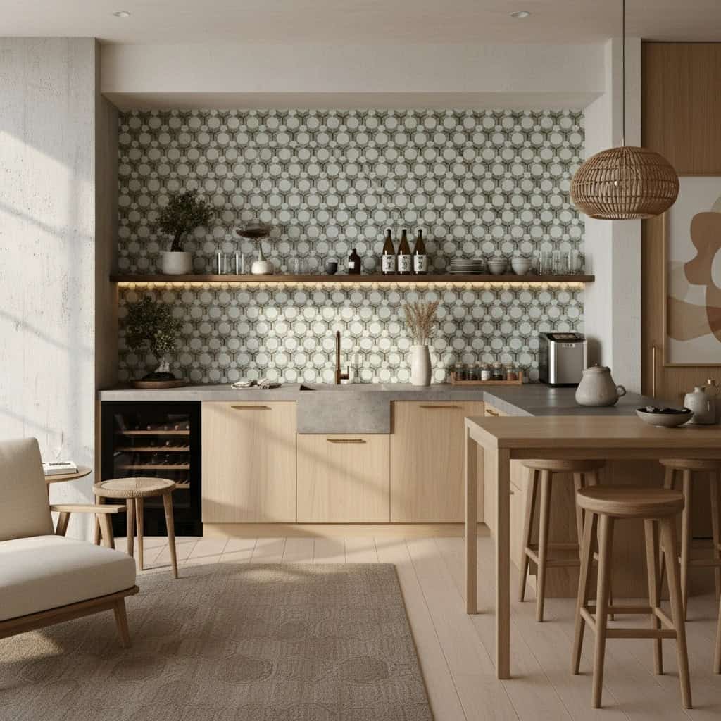 Bright geometric patterned tile in neutral tones for kitchen backsplash.