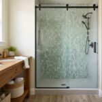 Green mosaic tile shower wall with textured surface and subtle color variations.