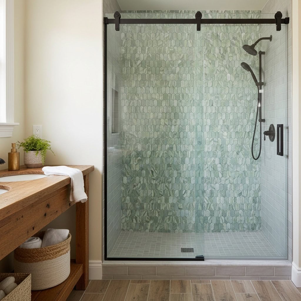 Green mosaic tile shower wall with textured surface and subtle color variations.