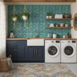 Bright blue and green glass mosaic tiles behind the sink and shelves.