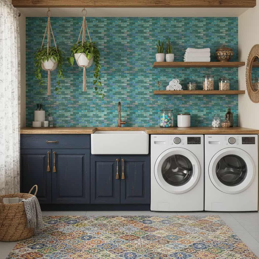 Bright blue and green glass mosaic tiles behind the sink and shelves.
