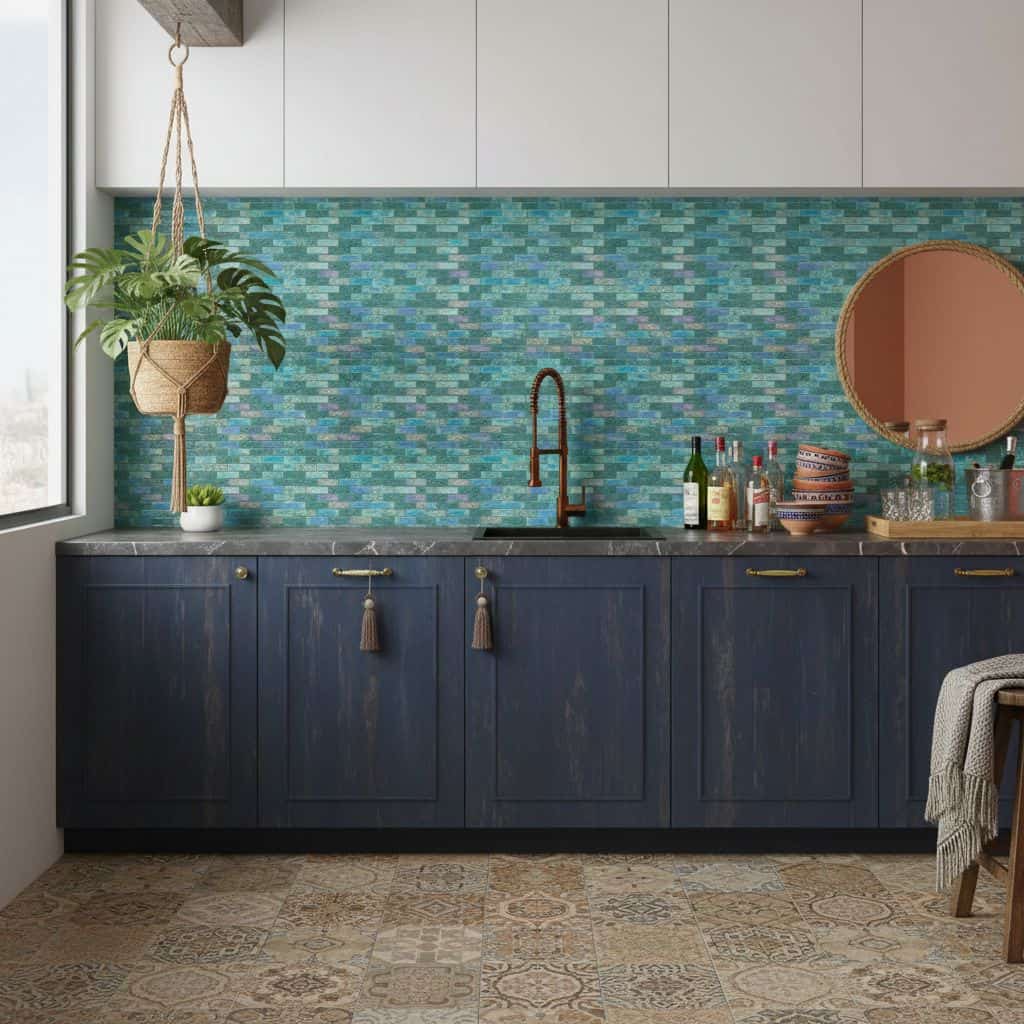 Glass tile backsplash in shades of blue behind kitchen sink.