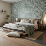 Light blue and white geometric patterned tile wall in bedroom.