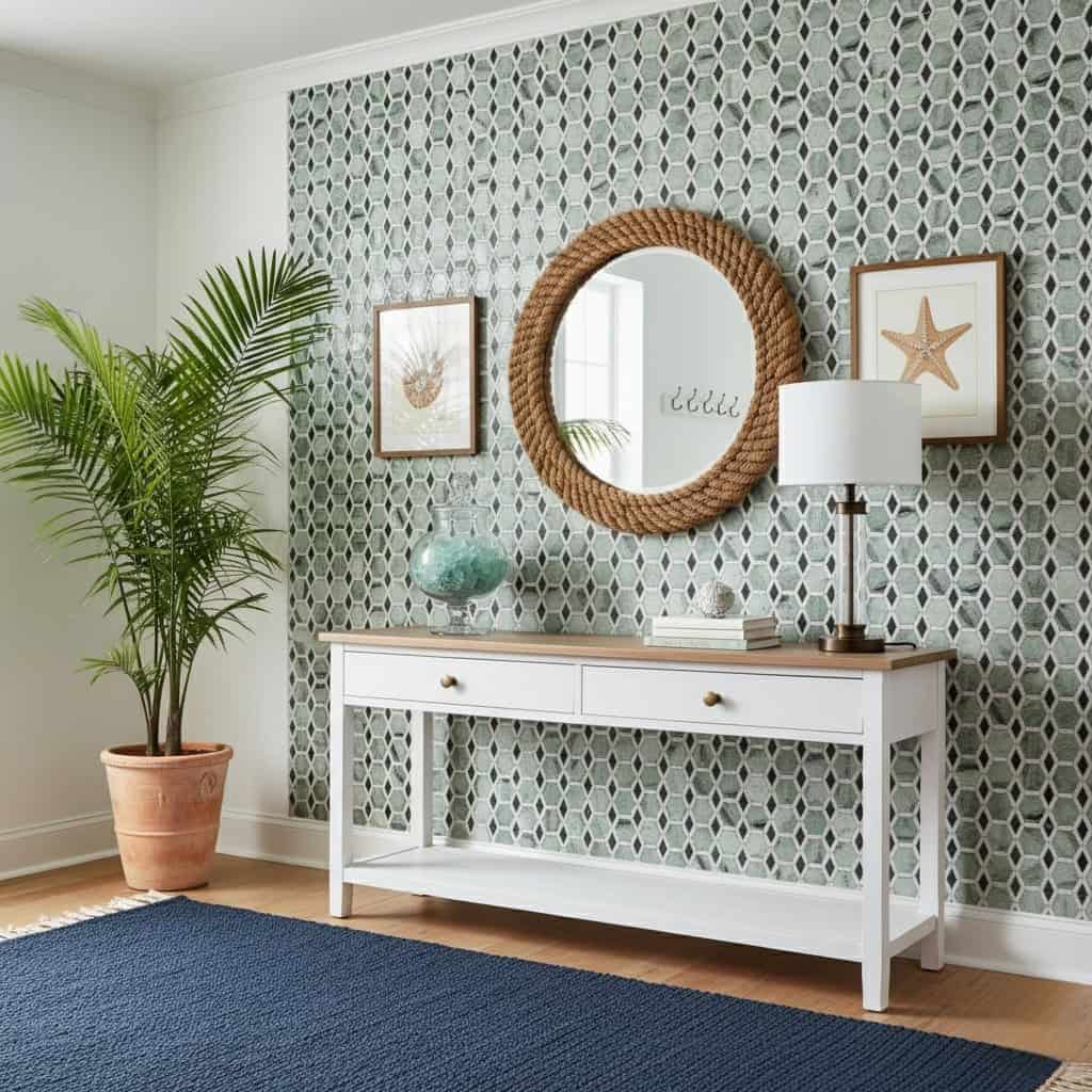 Decorative starfish and shell-themed tile in shades of blue and beige.