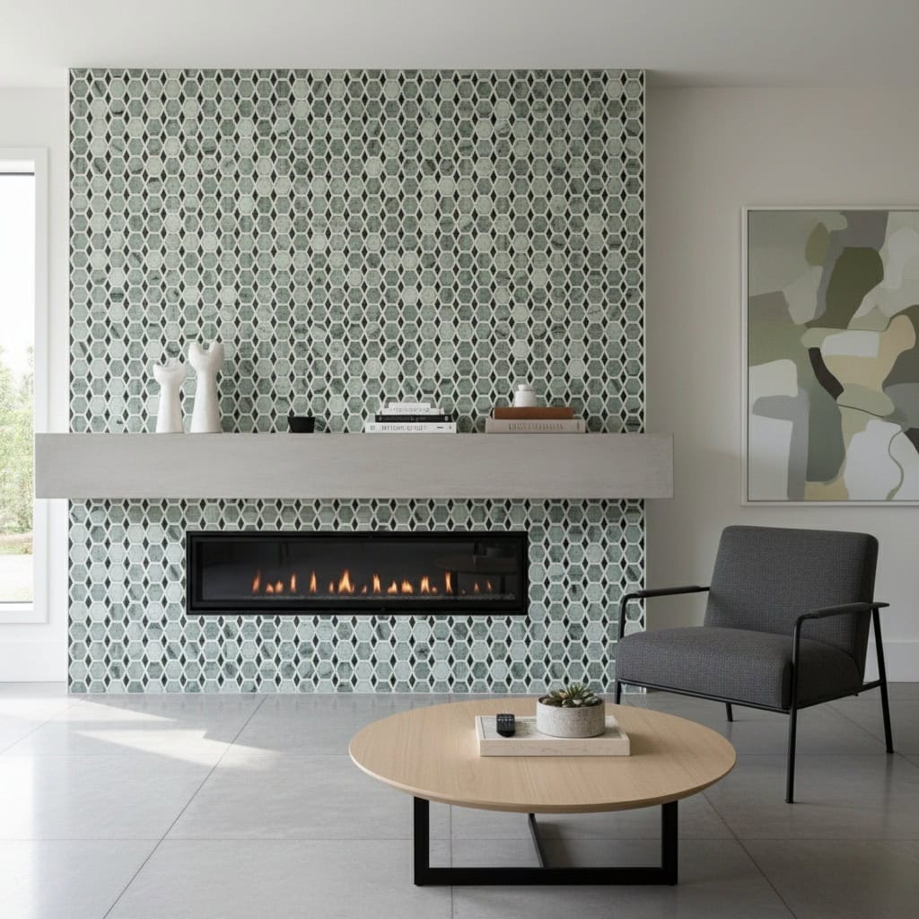 Gray and white hexagon tile with textured surface.