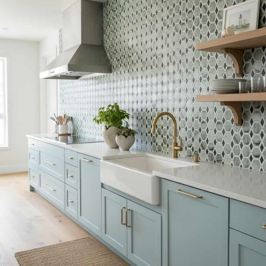 Bright kitchen with blue cabinetry and a geometric patterned tile backsplash in shades of gray and blue.