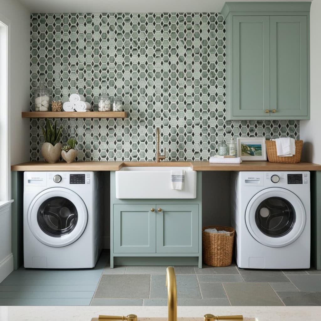 Bright green and white geometric patterned tiles.
