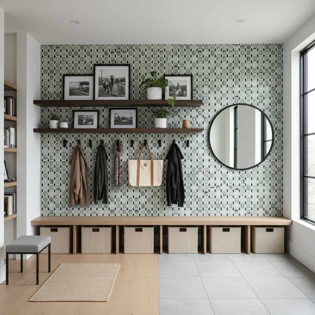 Decorative wall tiles with geometric pattern, wooden shelves, and round mirror in modern entryway.