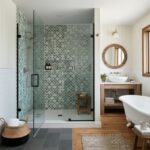 Geometric patterned tile with shades of blue and white, textured surface, in a contemporary bathroom setting.