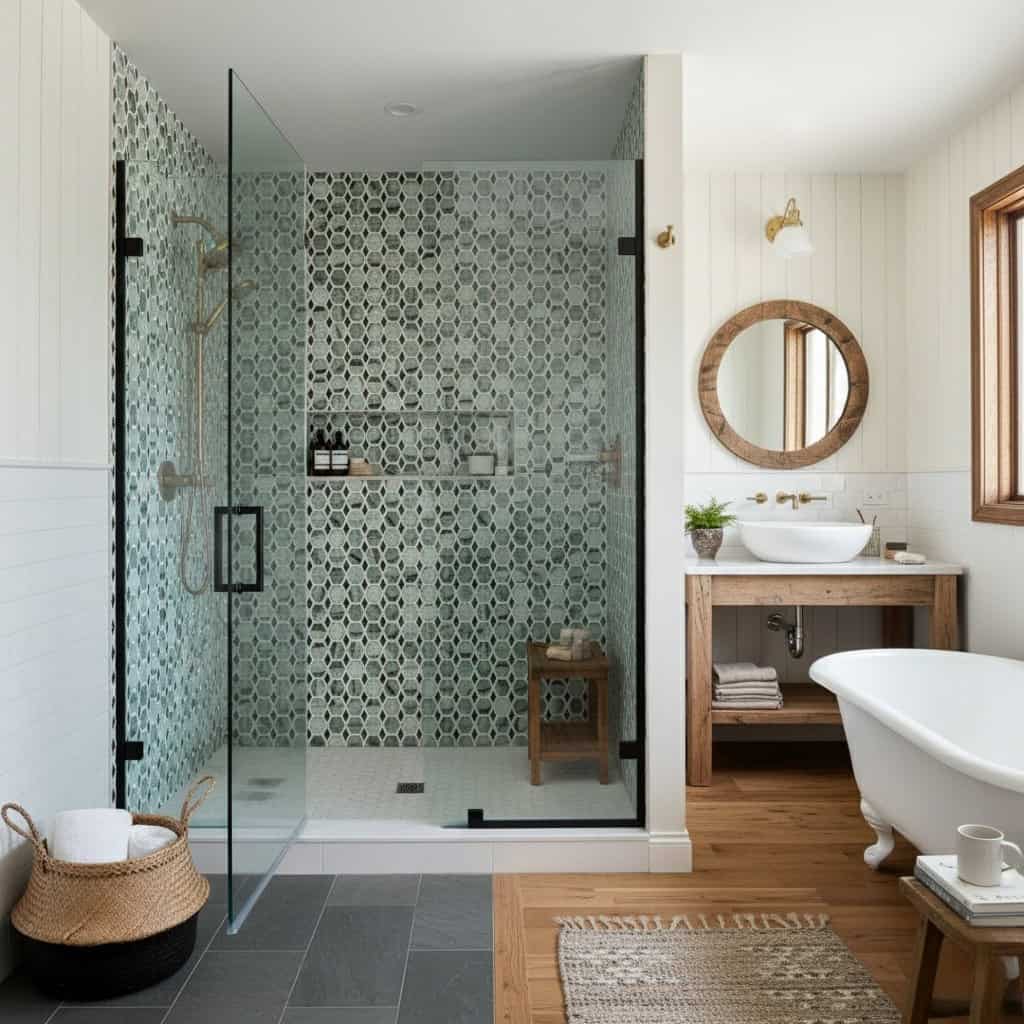 Geometric patterned tile with shades of blue and white, textured surface, in a contemporary bathroom setting.