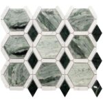 Green marble hexagon tiles with a polished, textured surface.