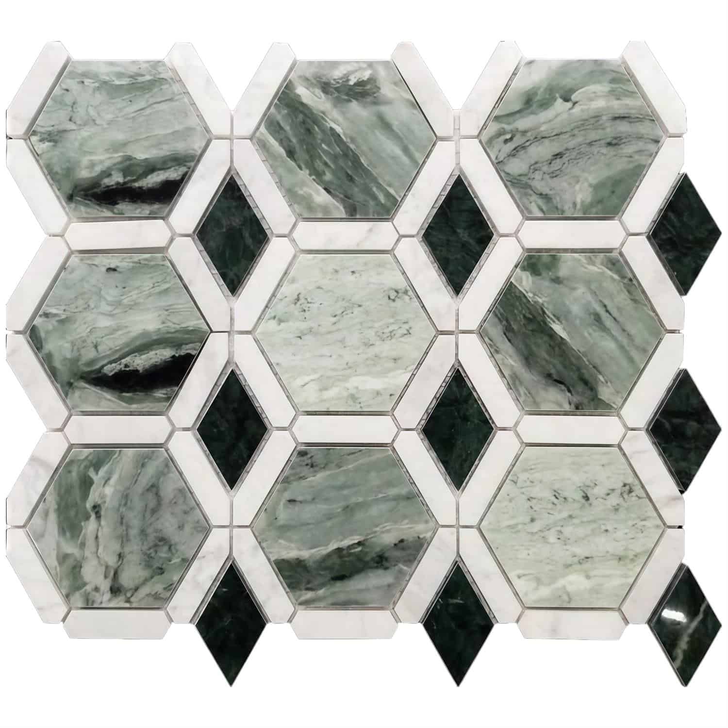 Green marble hexagon tiles with a polished, textured surface.