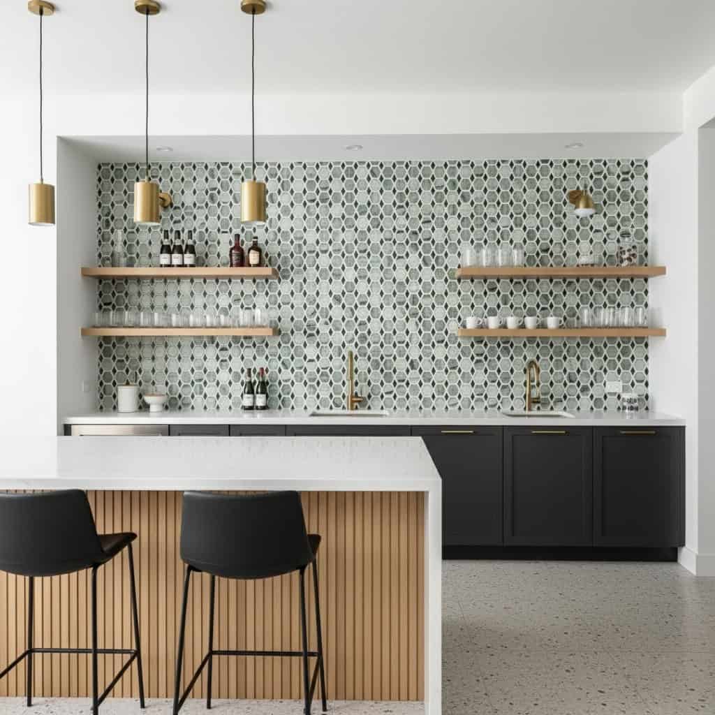 Bright hexagon tile with a textured surface in shades of gray and white.