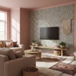 Geometric patterned wall tile in black, white, and gray tones with a textured surface.