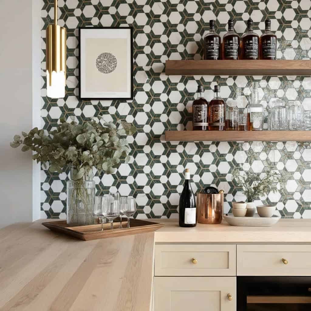 Decorative hexagon tile wall with green and white colors, textured surface, in a modern kitchen setting.