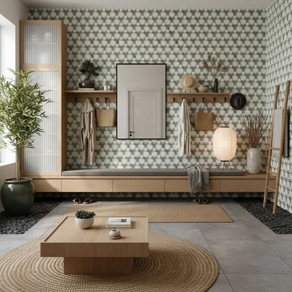 Neutral-colored patterned tile wall with textured surface and geometric design.
