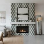 Black and white geometric patterned tile with matte finish around fireplace.