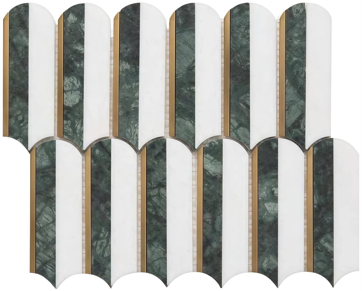 Green marble tile with a smooth texture and gold trim accents.