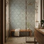 Bright green and beige geometric patterned tiles in a modern bathroom.