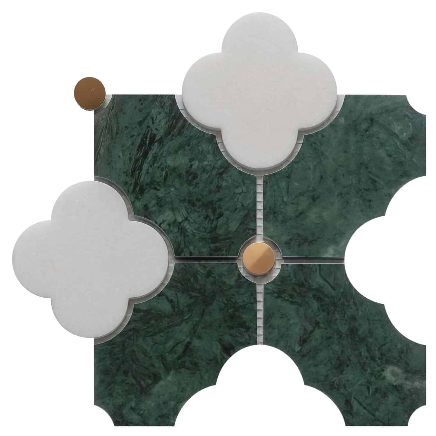 Green marble tiles with white clover-shaped accents and brass details. Elegant, natural stone design for sophisticated interi.
