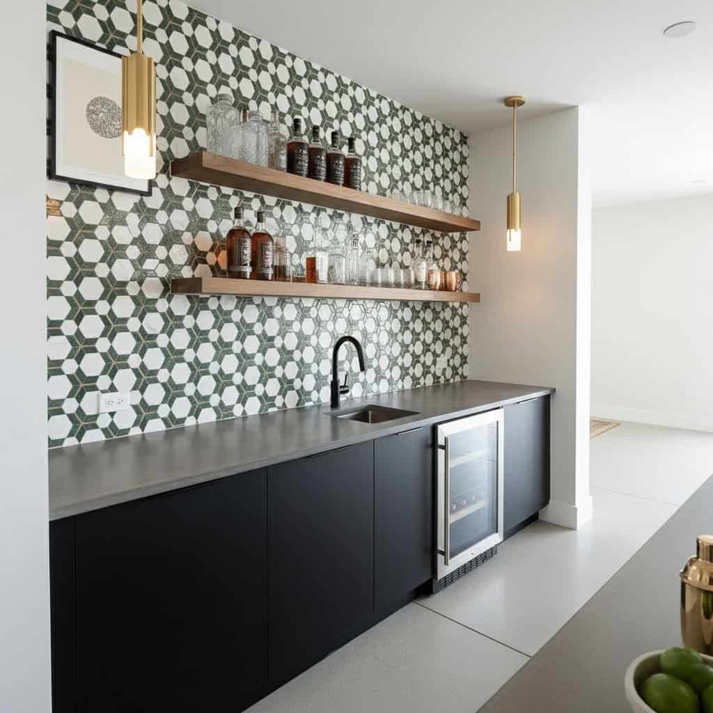 Geometric patterned tile in shades of gray and white with a matte finish, installed behind a sleek black countertop and open.