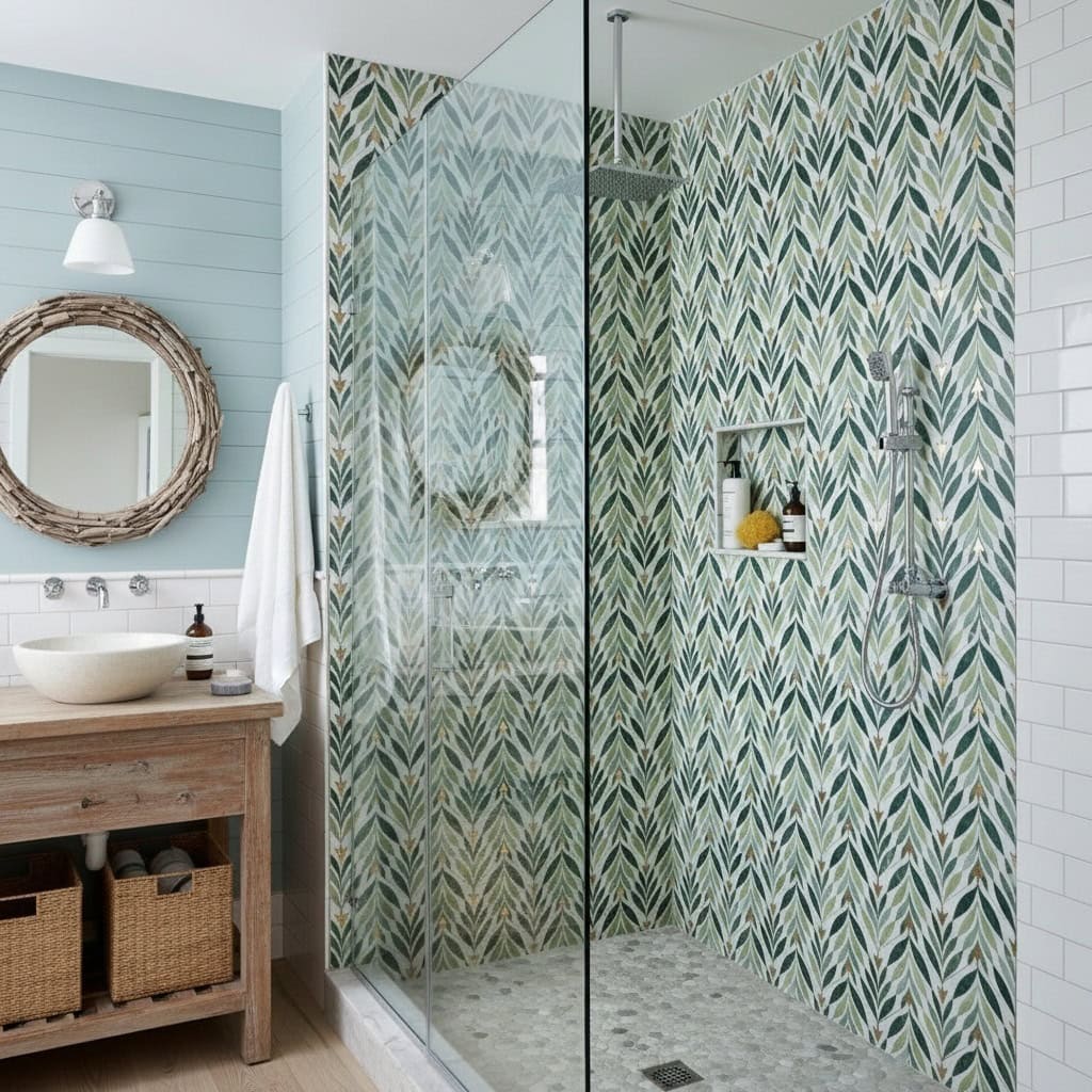 Green and white leaf-patterned ceramic tile in shower.