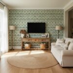 Decorative leaf-patterned wallpaper in green and beige tones.