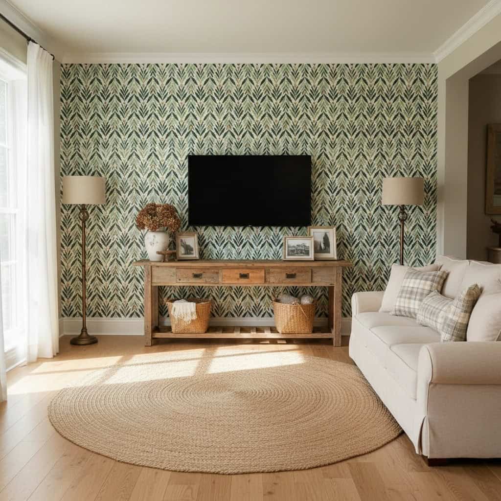 Decorative leaf-patterned wallpaper in green and beige tones.