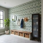 Bright, leafy green wallpaper with a textured leaf pattern.