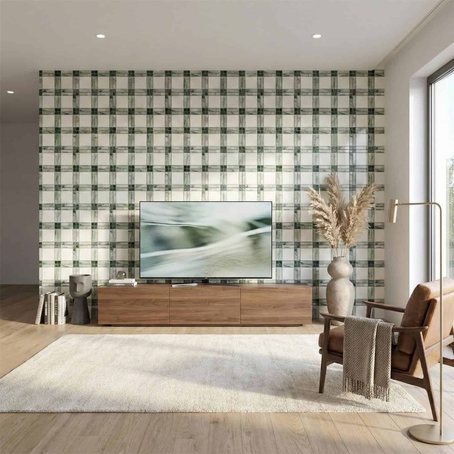 Decorative green and white checkered tile wall with textured surface.