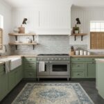 Modern kitchen with peel and stick tile backsplash, green cabinets, and open wooden shelves.