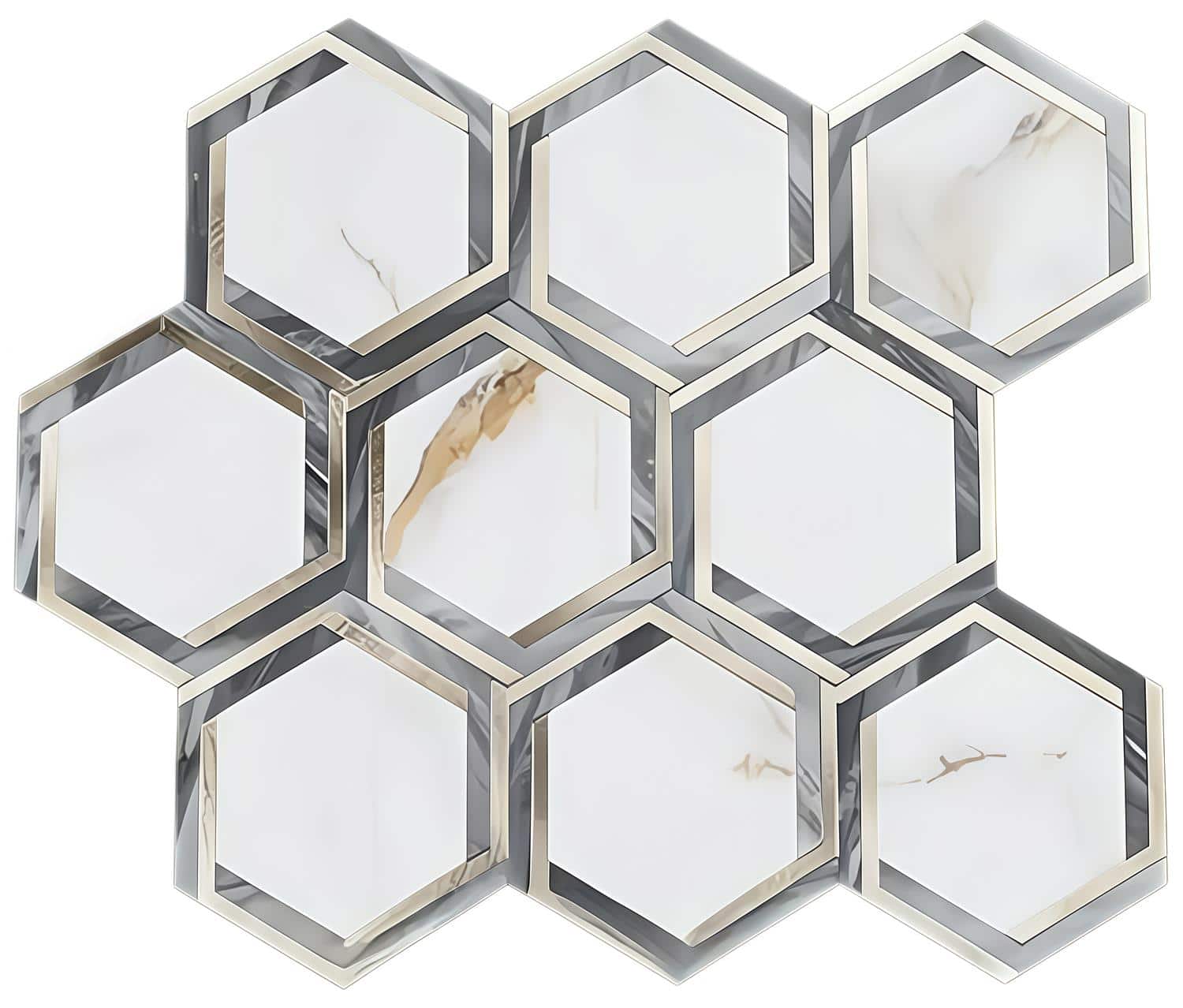 Modern peel and stick hexagon wall tiles with marble design for easy home decor updates.