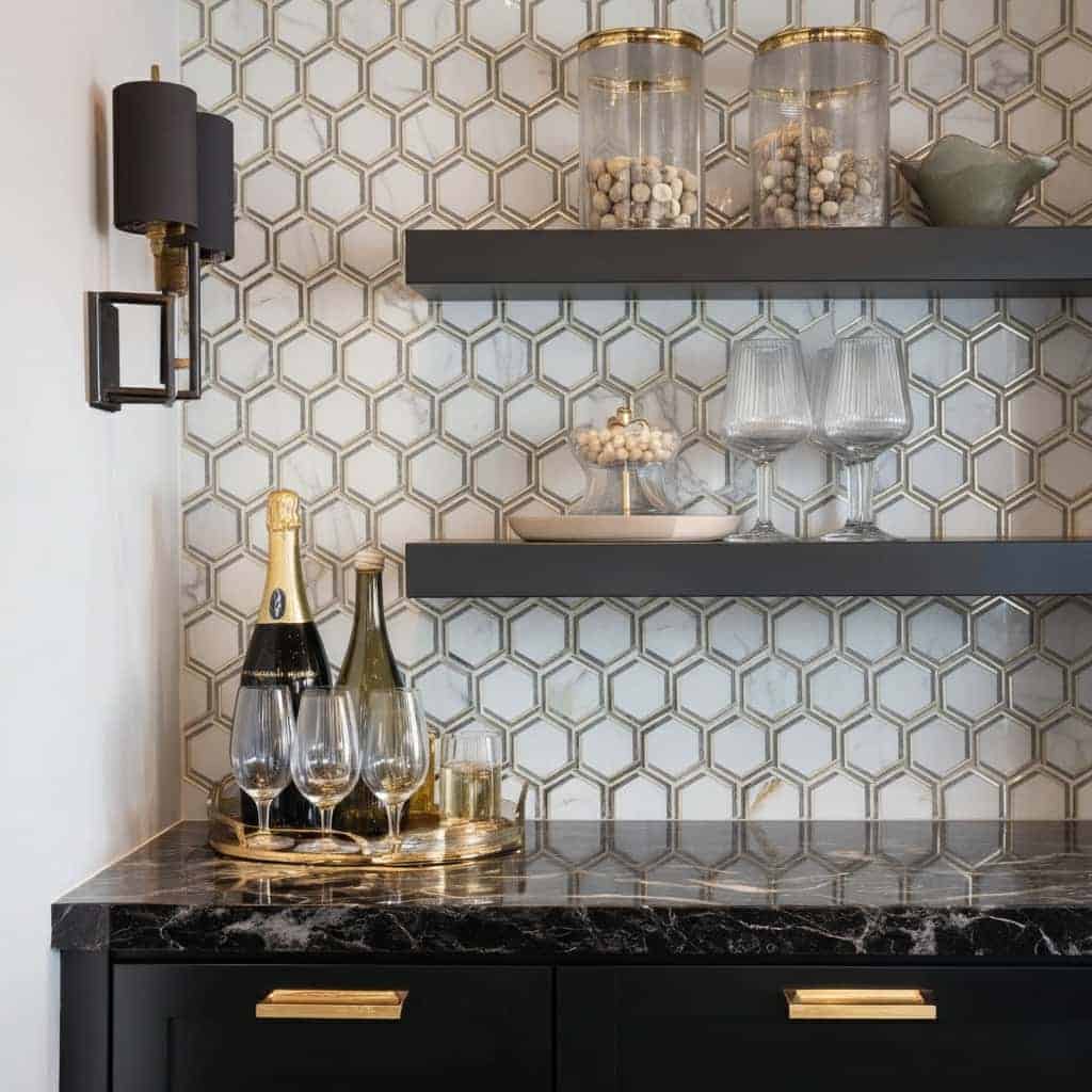 Decorative peel and stick wall tile with hexagon pattern for kitchen backsplash or accent wall. Easy DIY installation and sty.