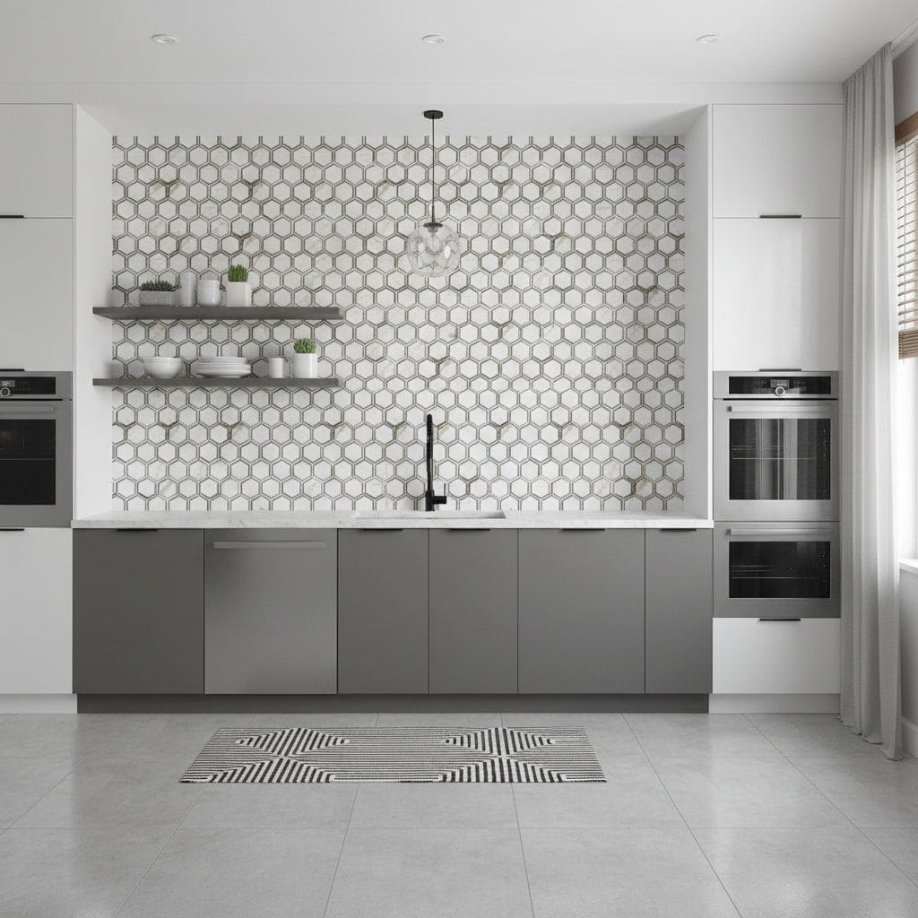 Image of a contemporary kitchen featuring a hexagon peel and stick tile backsplash. Minimalist design with gray cabinets and.