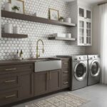 Modern laundry room with peel and stick tile backsplash, cabinetry, and washer/dryer.