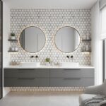 Two round mirrors above a modern bathroom vanity with peel and stick tile backsplash.